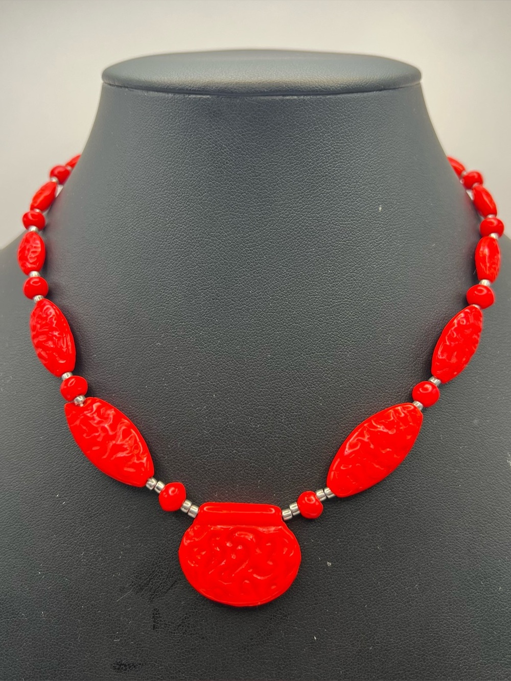 Antique Red Czech Glass Beaded Necklace with Molded Design & Silver Tone Spacers